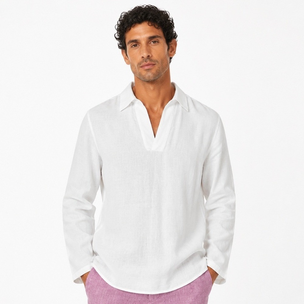 Mr Turk Holmes Pullover Mens Large White 100% Linen Luxury Resort Travel Casual